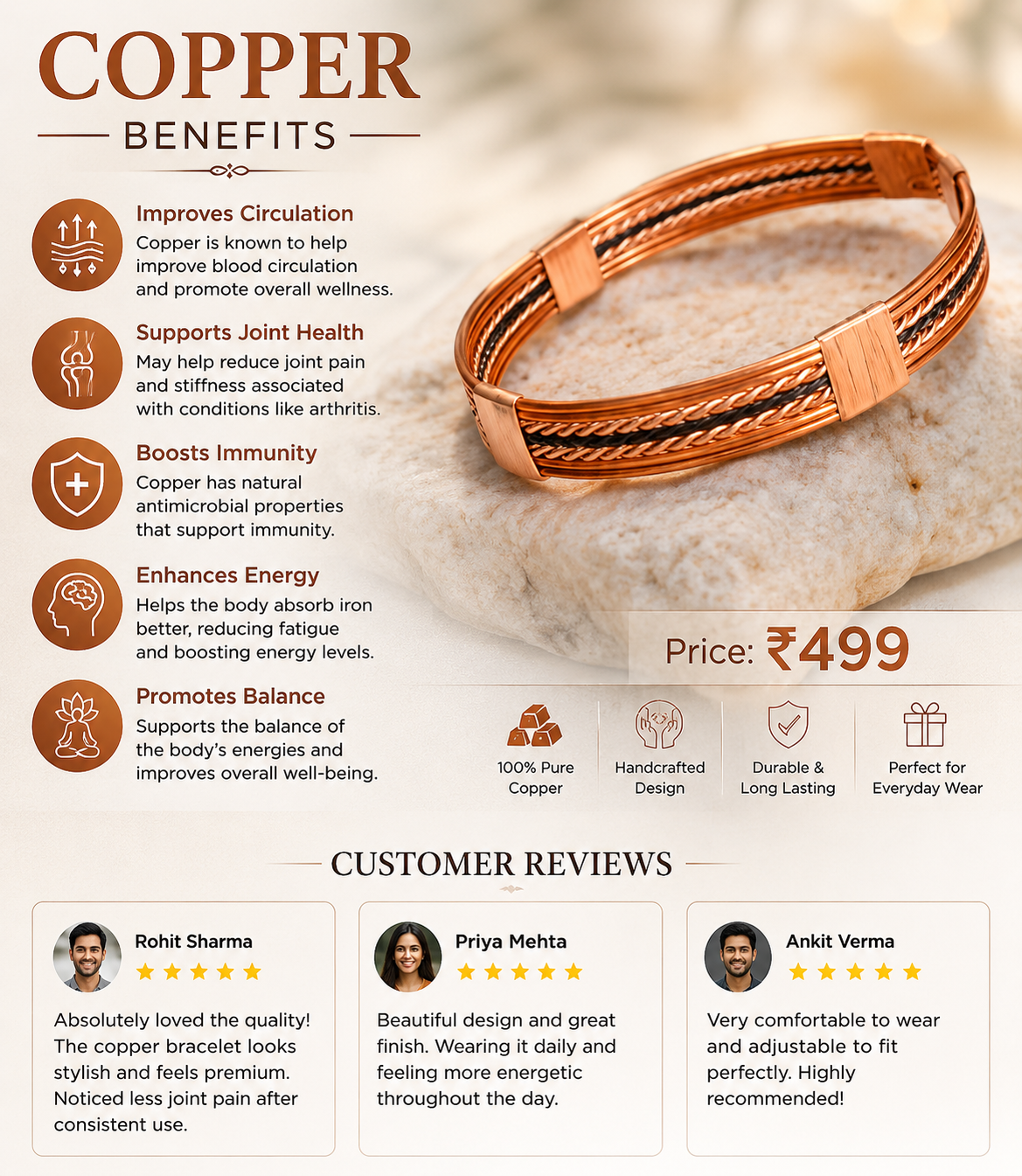 Pure Copper Healing Band/Kada For Body, Mind And Emotional Health