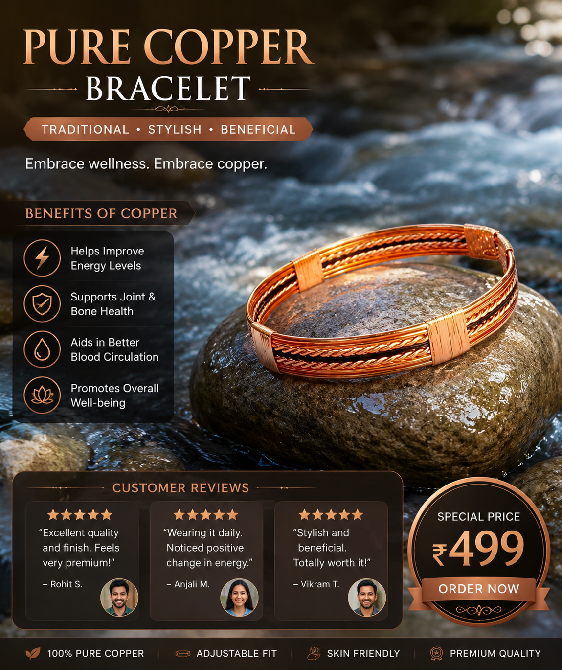 Pure Copper Healing Band/Kada For Body, Mind And Emotional Health