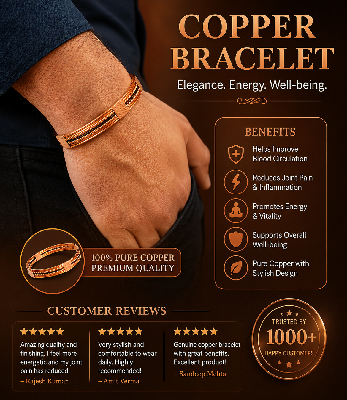 Pure Copper Healing Band/Kada For Body, Mind And Emotional Health