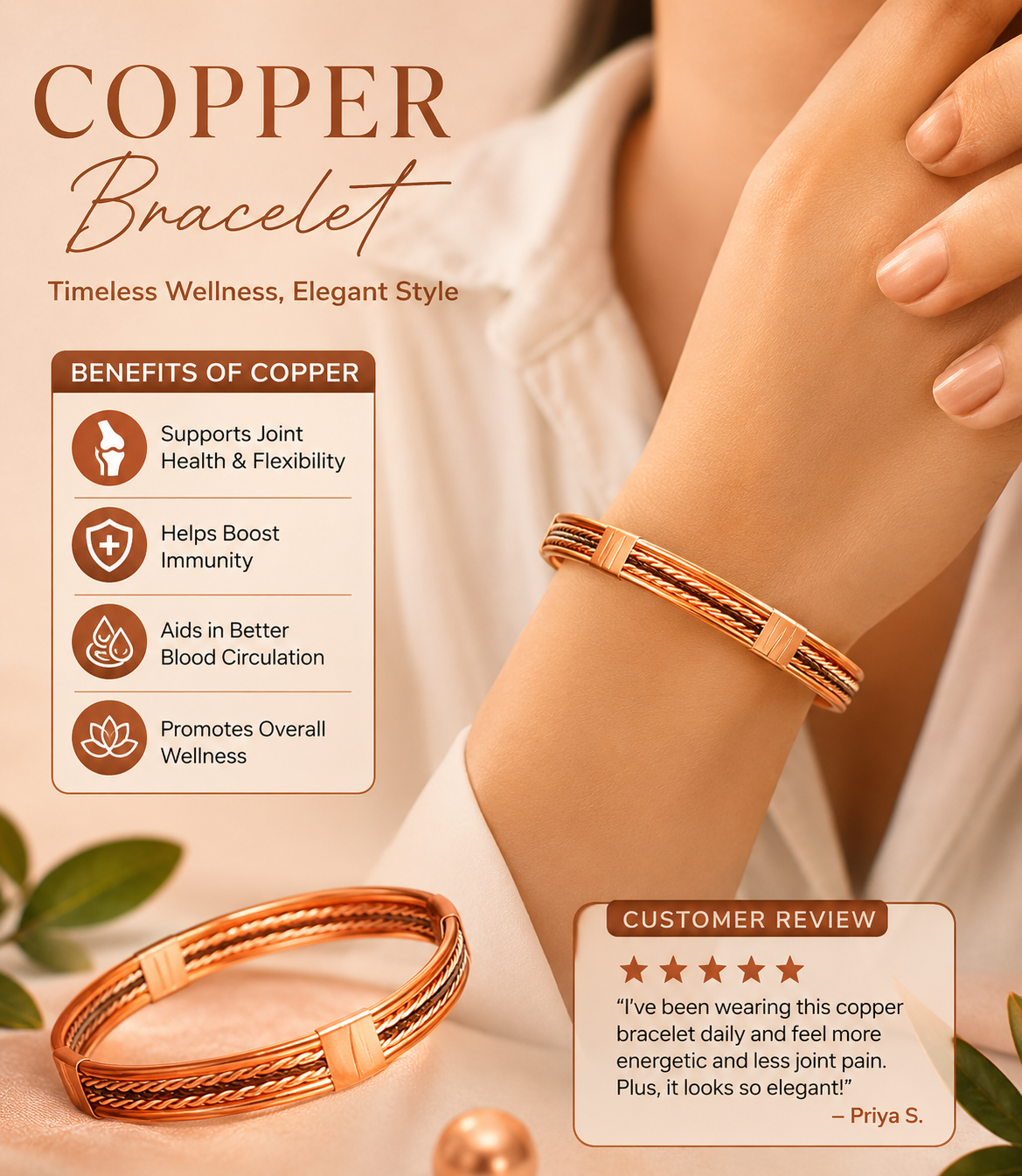 Pure Copper Healing Band/Kada For Body, Mind And Emotional Health