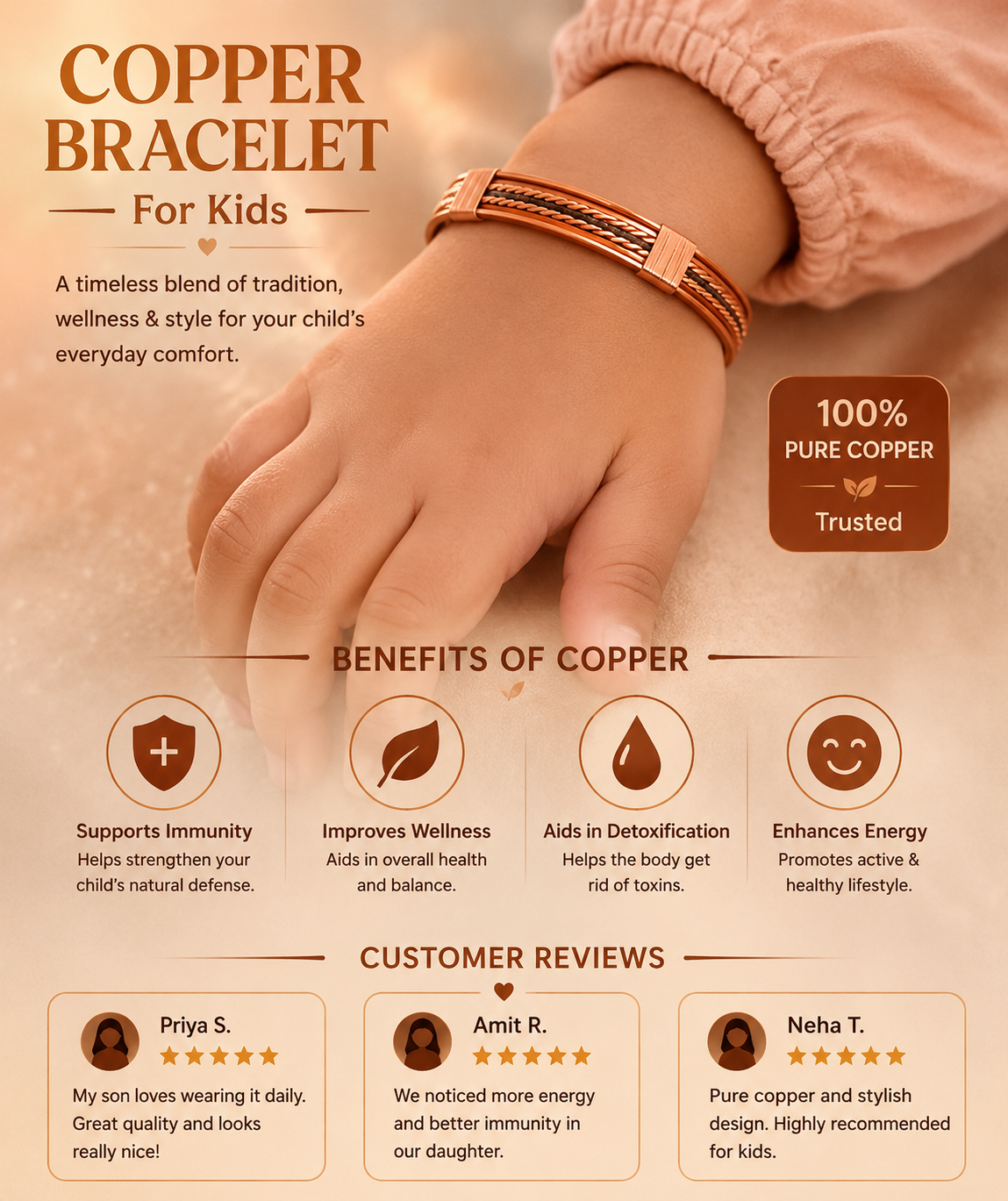 Pure Copper Healing Band/Kada For Body, Mind And Emotional Health