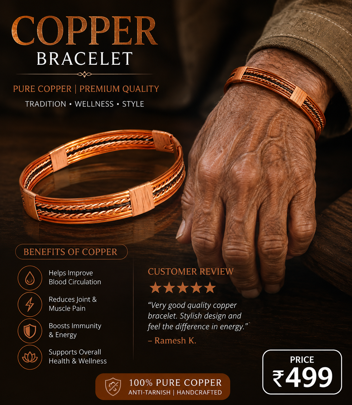 Pure Copper Healing Band/Kada For Body, Mind And Emotional Health