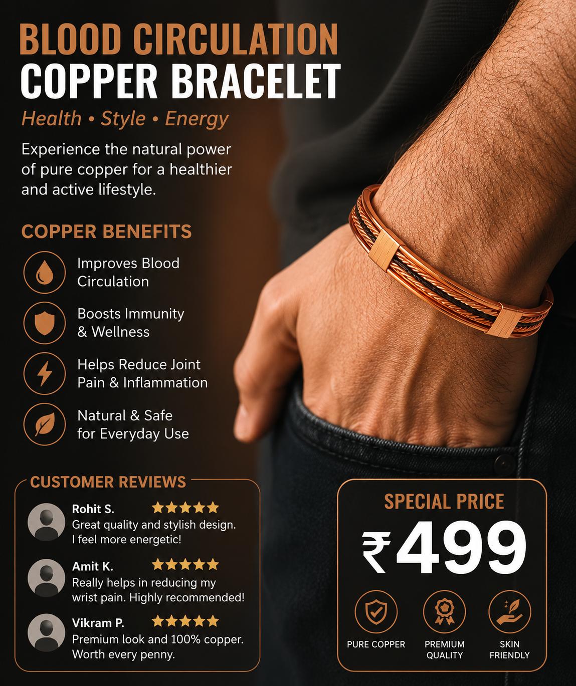 Pure Copper Healing Band/Kada For Body, Mind And Emotional Health