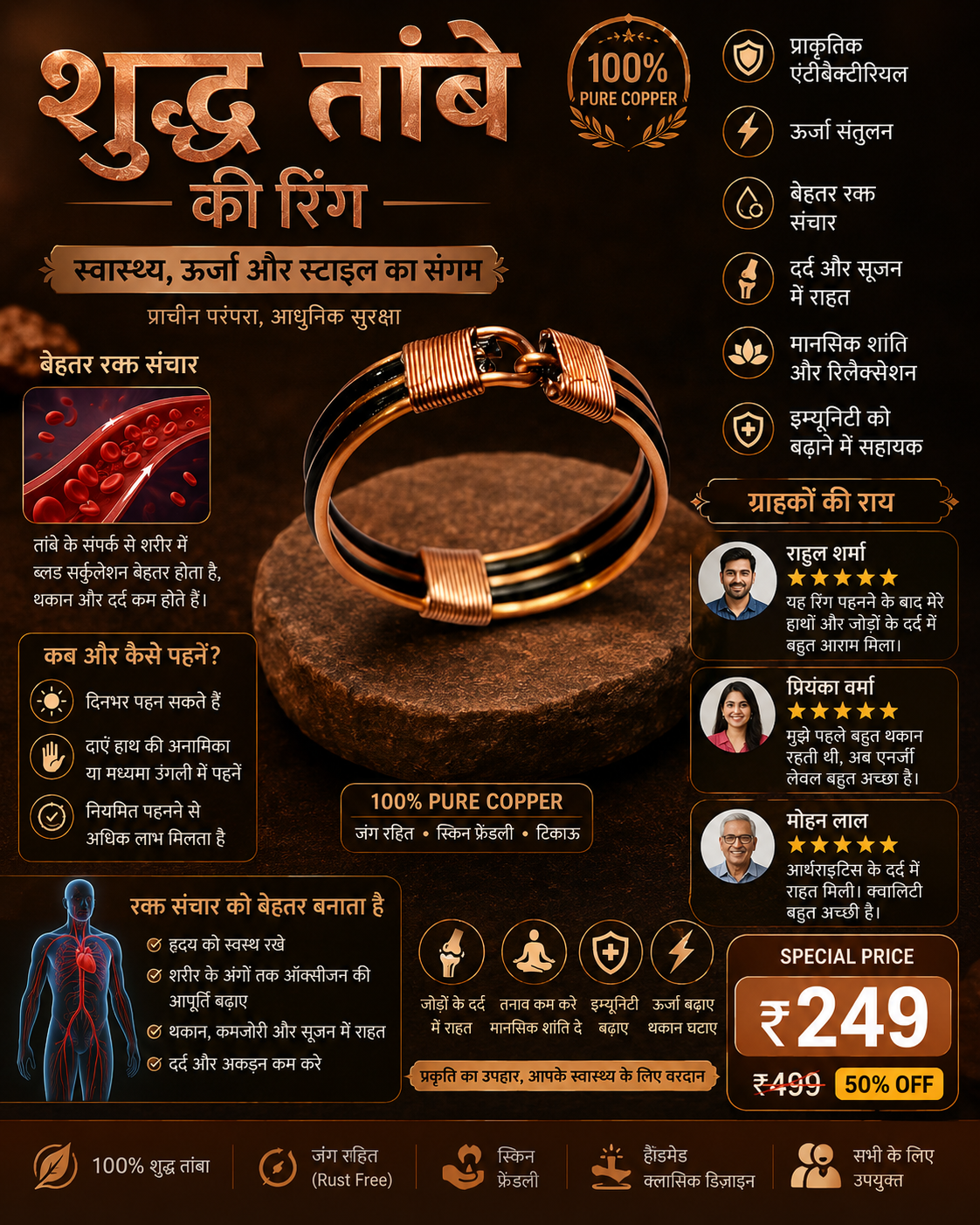 Pure Copper Ring for Men & Women