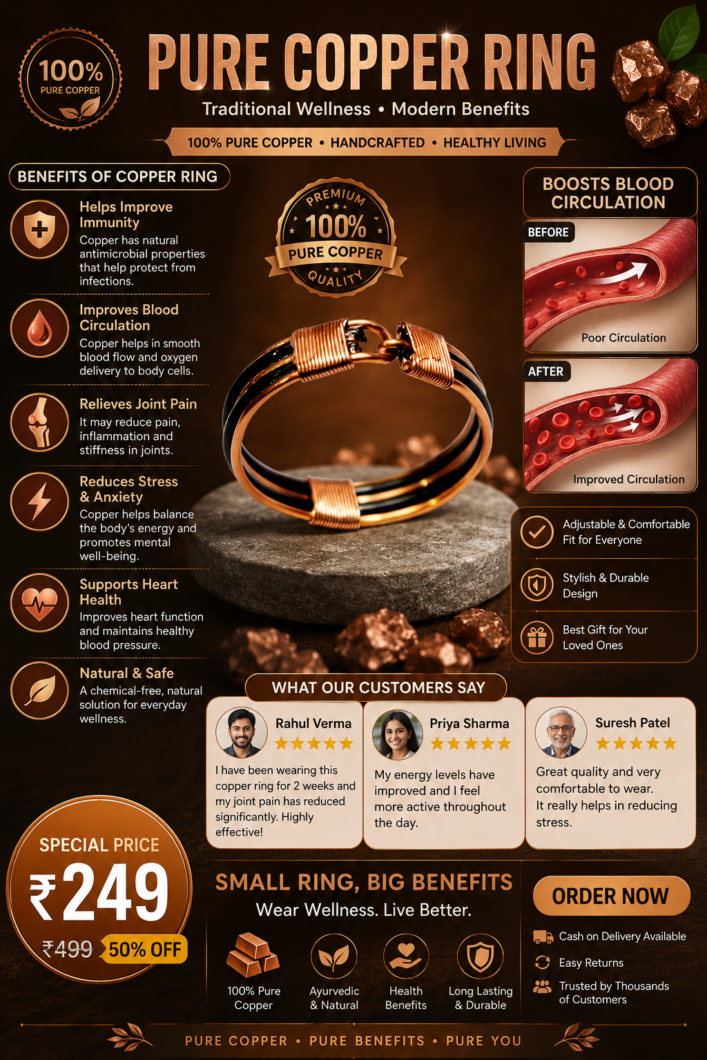 Pure Copper Ring for Men & Women
