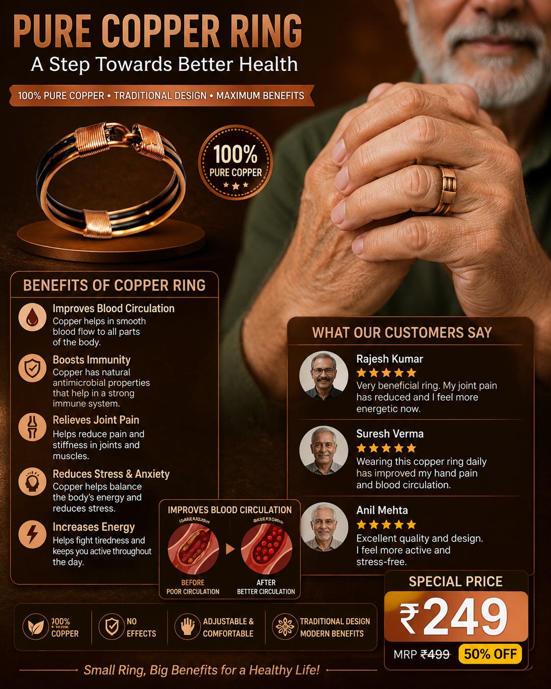 Pure Copper Ring for Men & Women